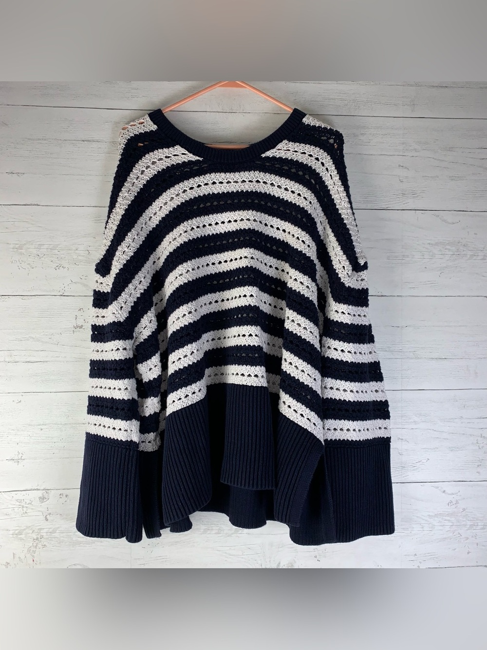 Gap 24/7 Split-Hem Crochet Sweater navy/white stripe womens XXL